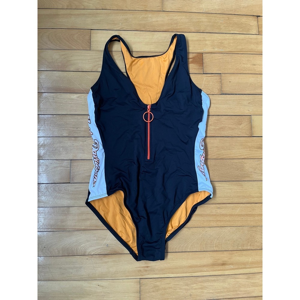 Harley Davidson Vintage One Piece Swimsuit Black Orange Zip Front Racerback 8